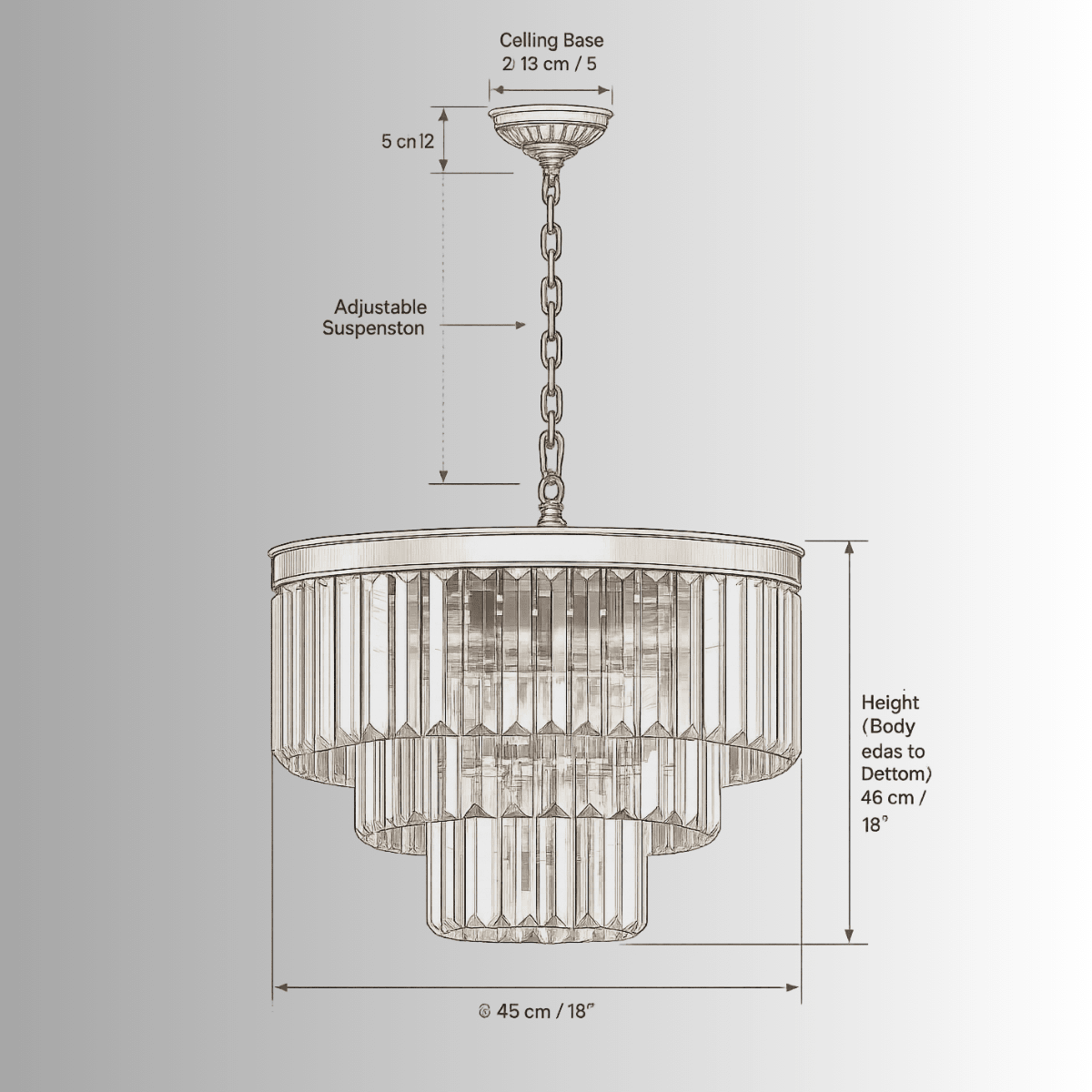 Vendôme Bijou crystal chandelier CAD drawing, front view with dimensions and adjustable chain 