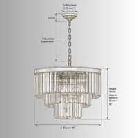 Vendôme Bijou crystal chandelier CAD drawing, front view with dimensions and adjustable chain 
