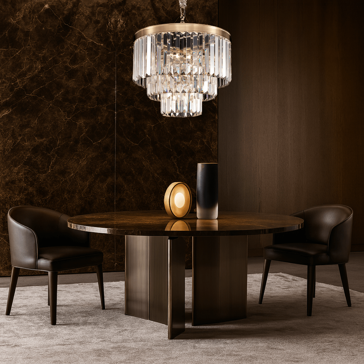 Vendôme Bijou crystal chandelier illuminating a luxury dining or lounge area, ideal for refined boutique settings.