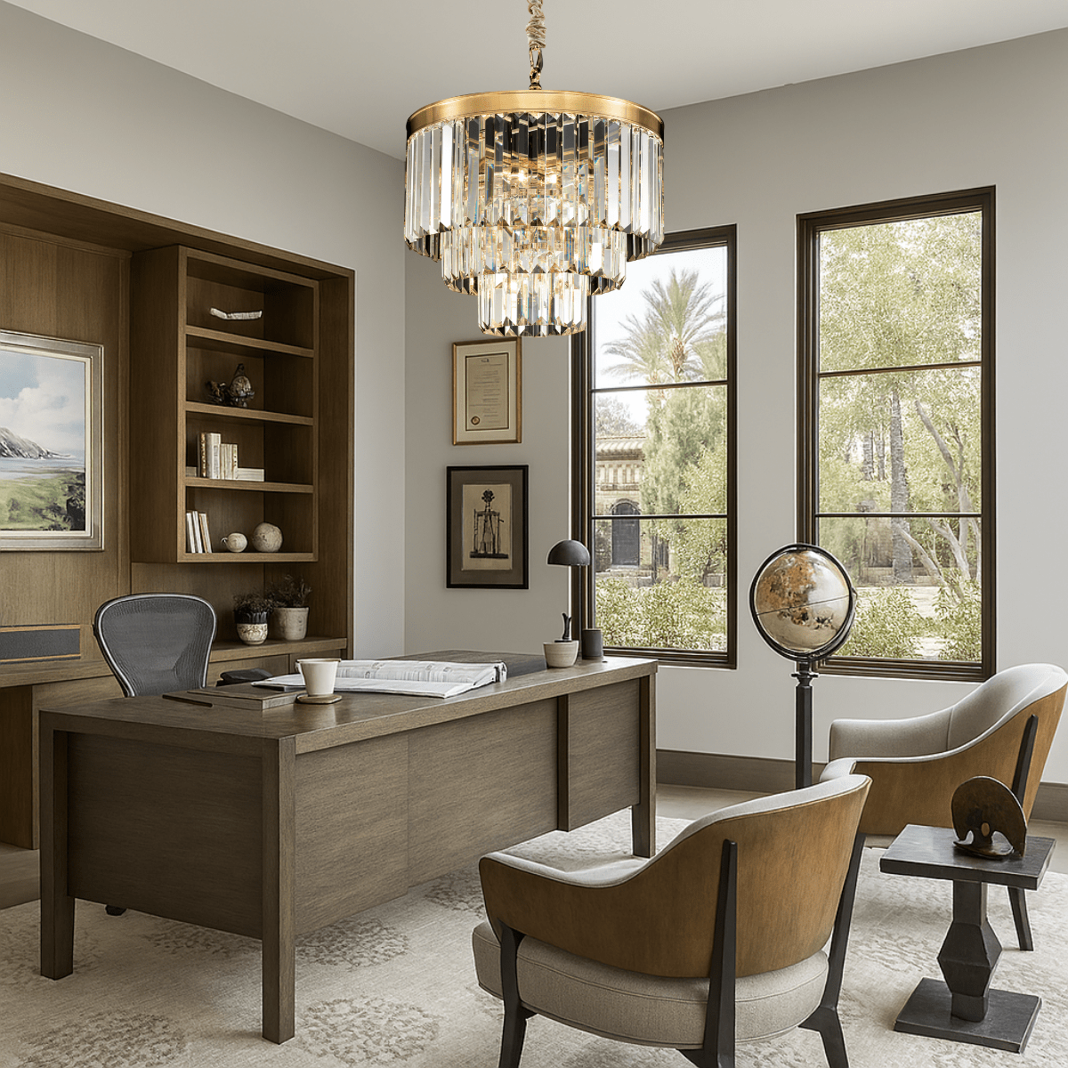 Vendôme Bijou chandelier styled in a luxury home office, adding refined Parisian-inspired crystal lighting.