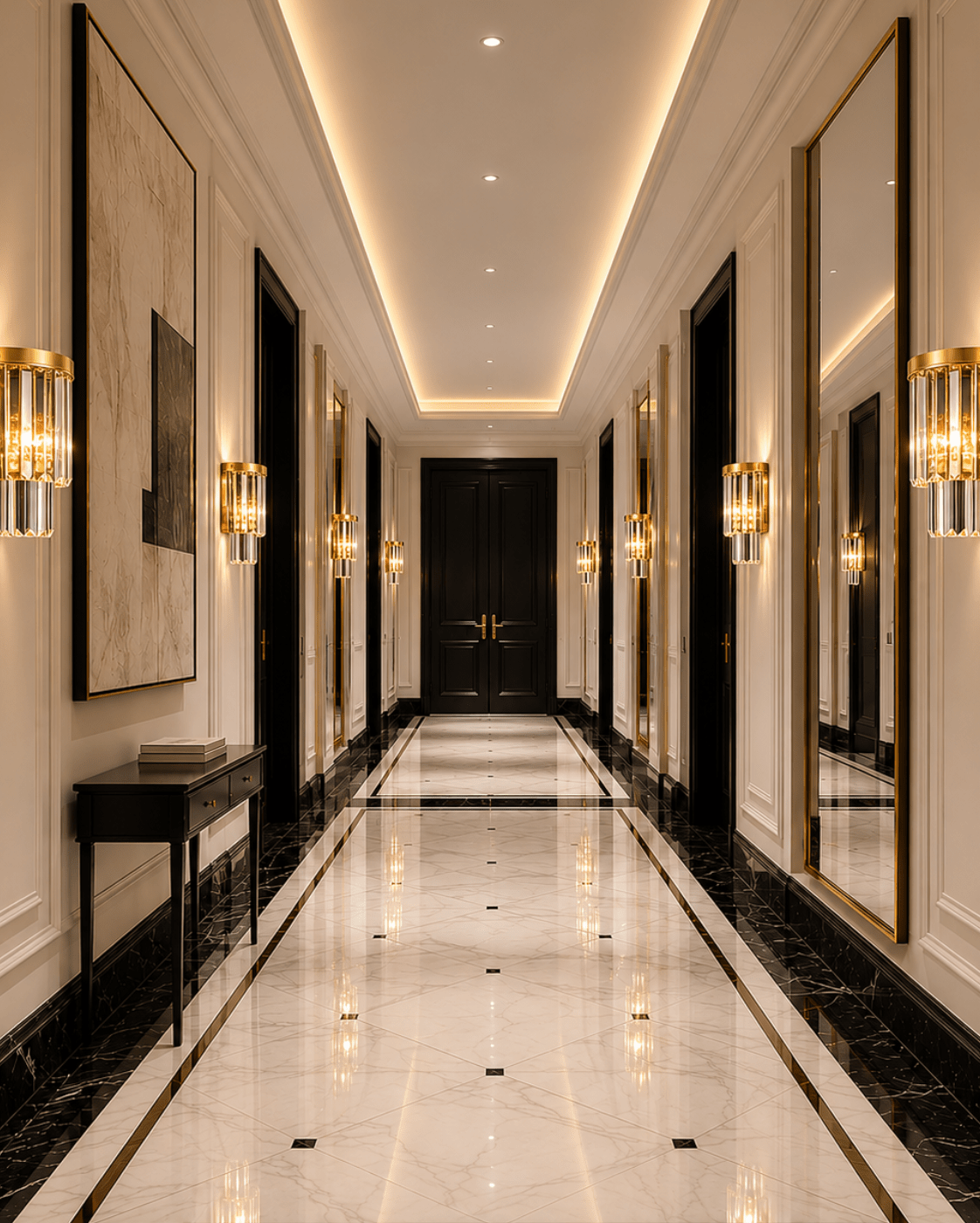 Vendôme Boutique crystal wall sconces installed in a luxury French hotel corridor with marble flooring and gold accents