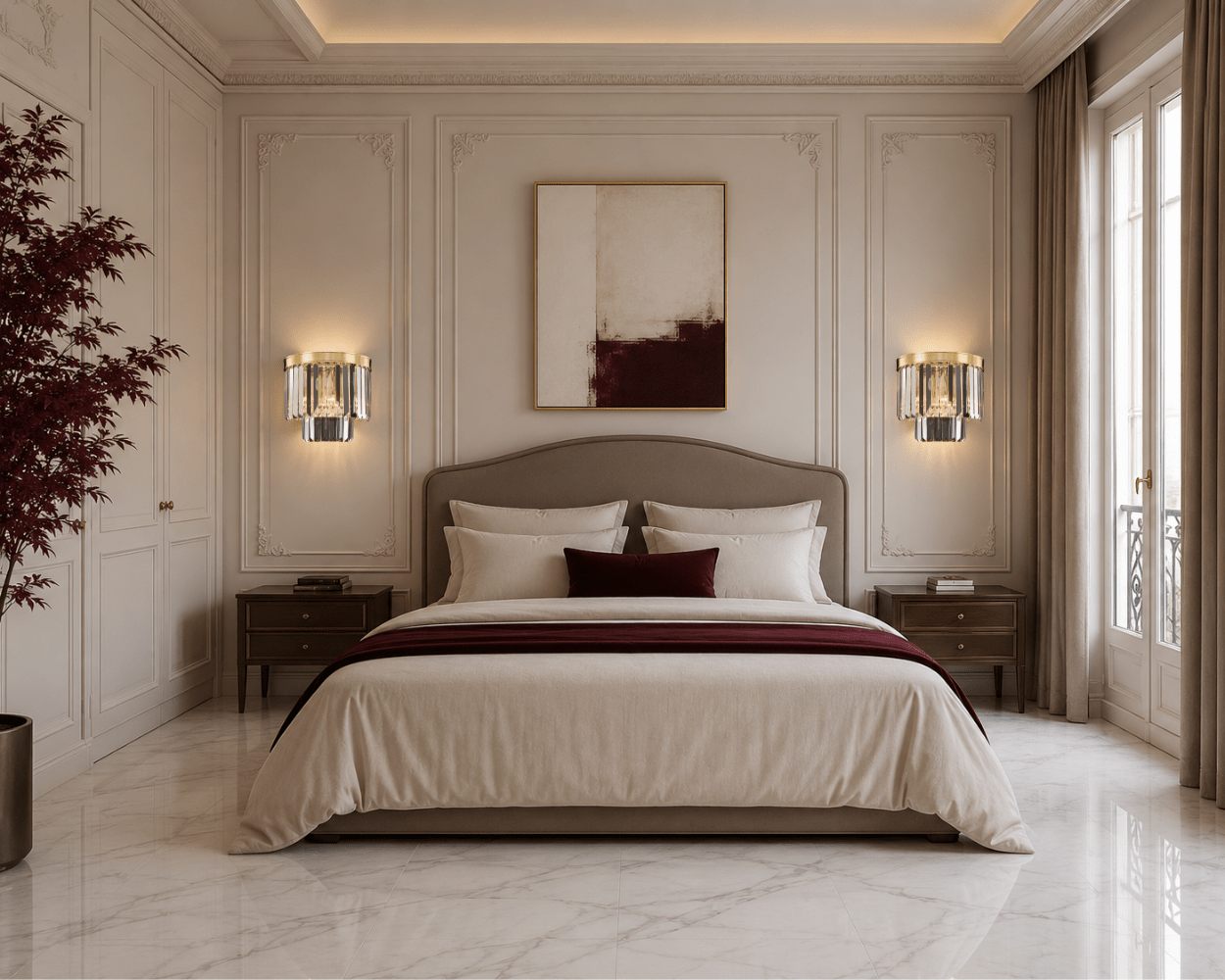 Luxury French-style bedroom featuring Vendôme Boutique crystal wall sconces, white marble flooring, and burgundy accents.