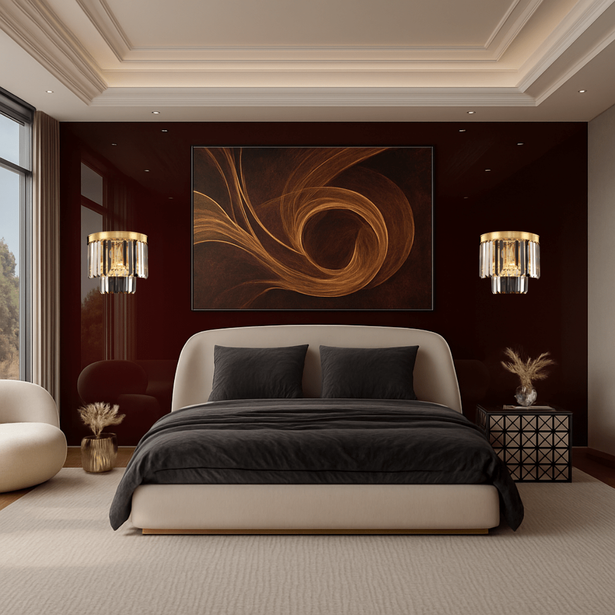 Vendôme Boutique wall lamp beside a modern bed, providing warm crystal illumination and 18K gold luxury lighting.