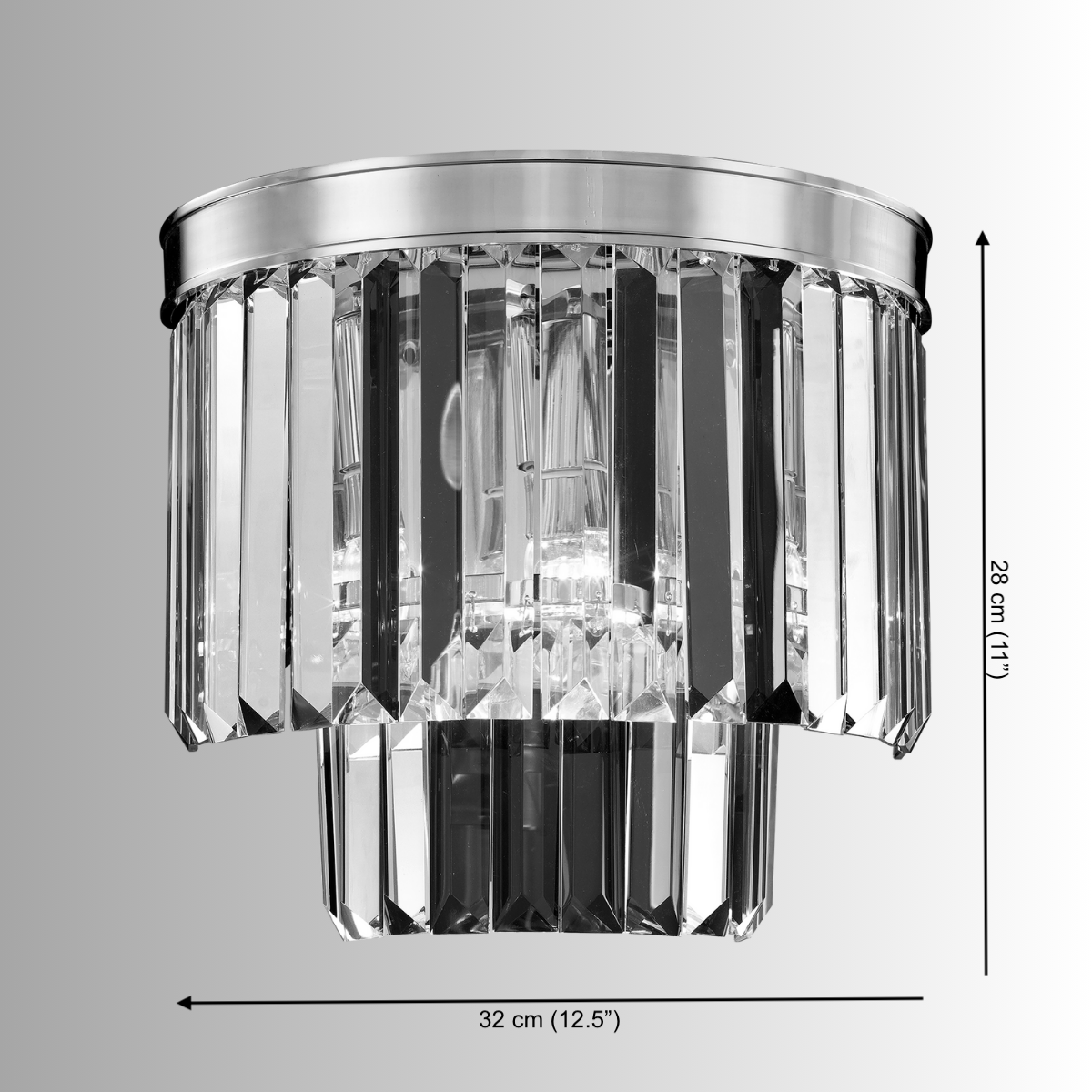 Technical diagram of the Vendôme Boutique crystal wall lamp showing dimensions and structure for luxury bedroom.