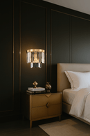 Vendôme Boutique crystal wall sconces in a luxury bedroom, adding warm 18K gold illumination to modern interior design.