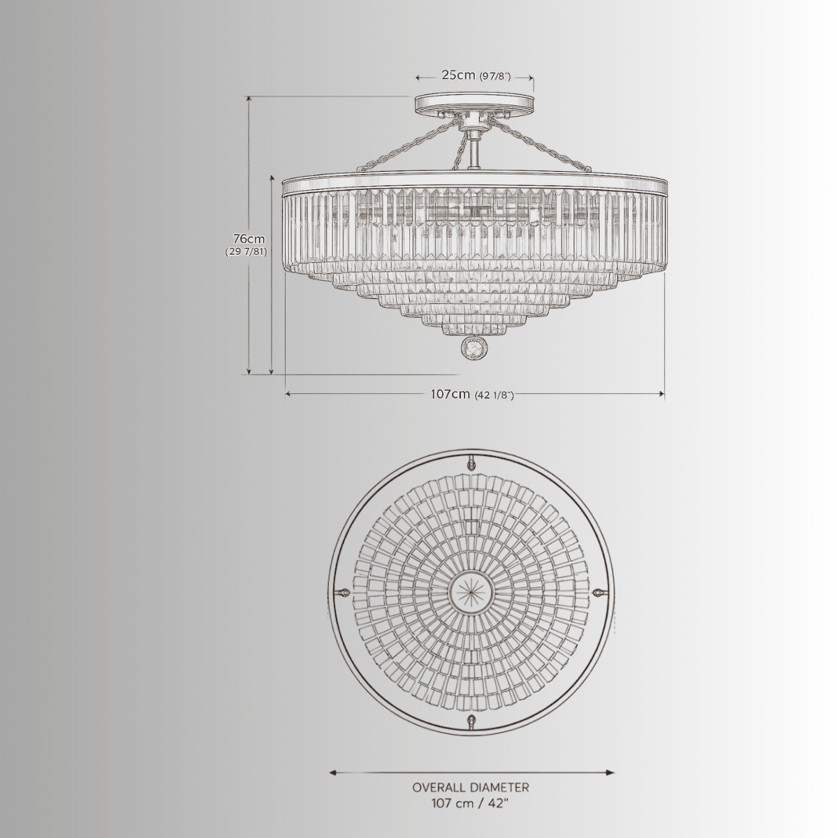 CAD technical drawing of Vendôme Grandeur crystal chandelier, front and top view measurements.