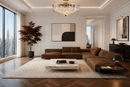 Vendôme Grandeur Crystal chandelier in a modern apartment with brown sofas in New York.