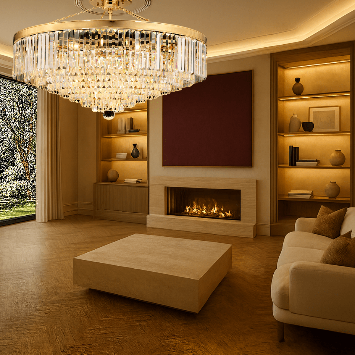 Luxury Vendôme Grandeur chandelier above marble fireplace in elegant Parisian-inspired interior.