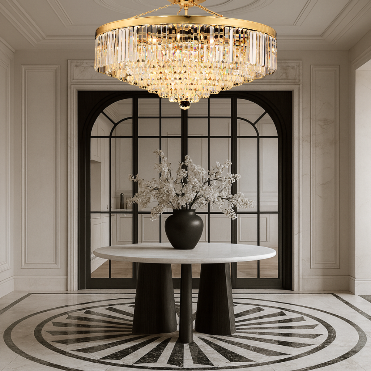 Vendôme Grandeur chandelier by HDLS Lighting illuminating a marble foyer with circular inlay flooring, gold accents, and French-inspired architectural detailing