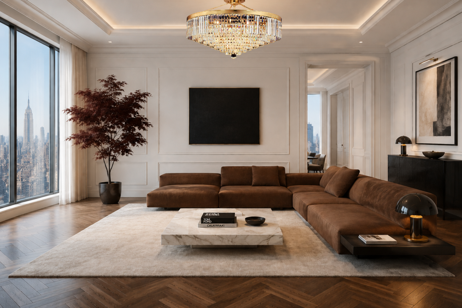 Vêndome Grandeur chandelier in a luxury Manhattan living room with Empire State Building views.