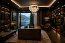 Vendôme Lumière crystal chandelier in luxury men's dressing room overlooking Lake Como
