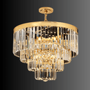 Angled view of the Vendôme Lumière 18K gold crystal chandelier, French-inspired luxury lighting for compact interior spaces.