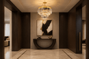 Vendôme Lumière crystal chandelier illuminating a luxury entrance hall with dark wood and stone flooring.