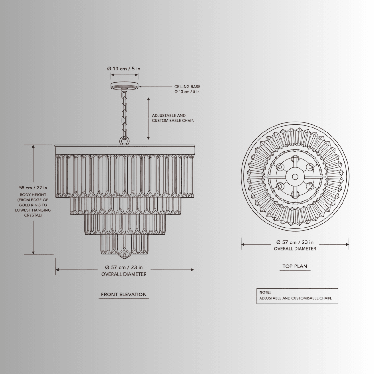 CAD drawing of Vendôme Lumière crystal chandelier with 57 cm diameter, 58 cm body and adjustable chain.