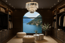 Vendôme Lumière chandelier in a luxury dressing room with coastal view, adding refined crystal lighting to intimate interiors