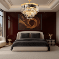 Vendôme Lumière crystal chandelier styled in a luxury bedroom, French-inspired lighting enhancing elegant interior design.