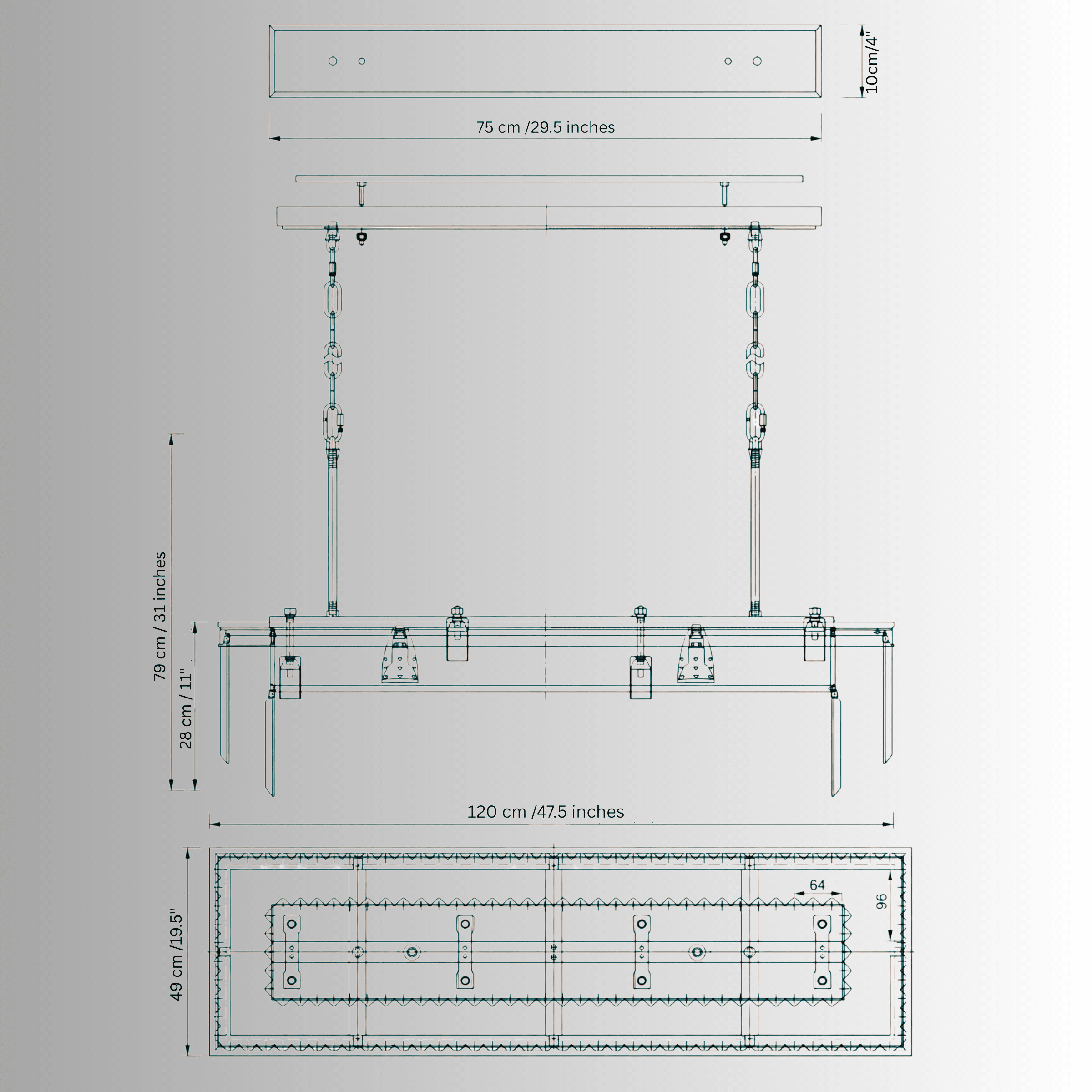 CAD diagram of the Vendôme Prestige (120cm) chandelier detailing size, proportions, and suspension for precise installation planning.