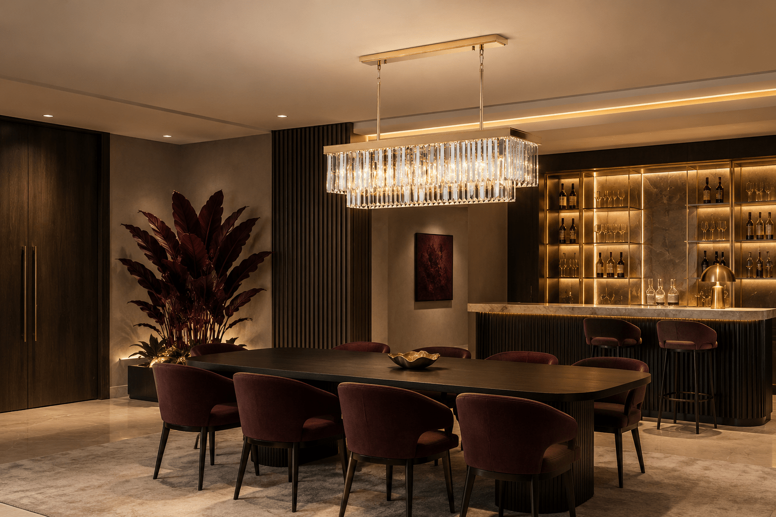 Luxury rectangular crystal chandelier above dining table in modern hospitality interior with burgundy accents.