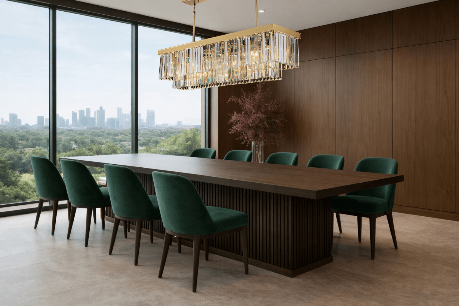 Vendôme Prestige linear crystal chandelier in an office, wood table, green chairs with Manhattan view.