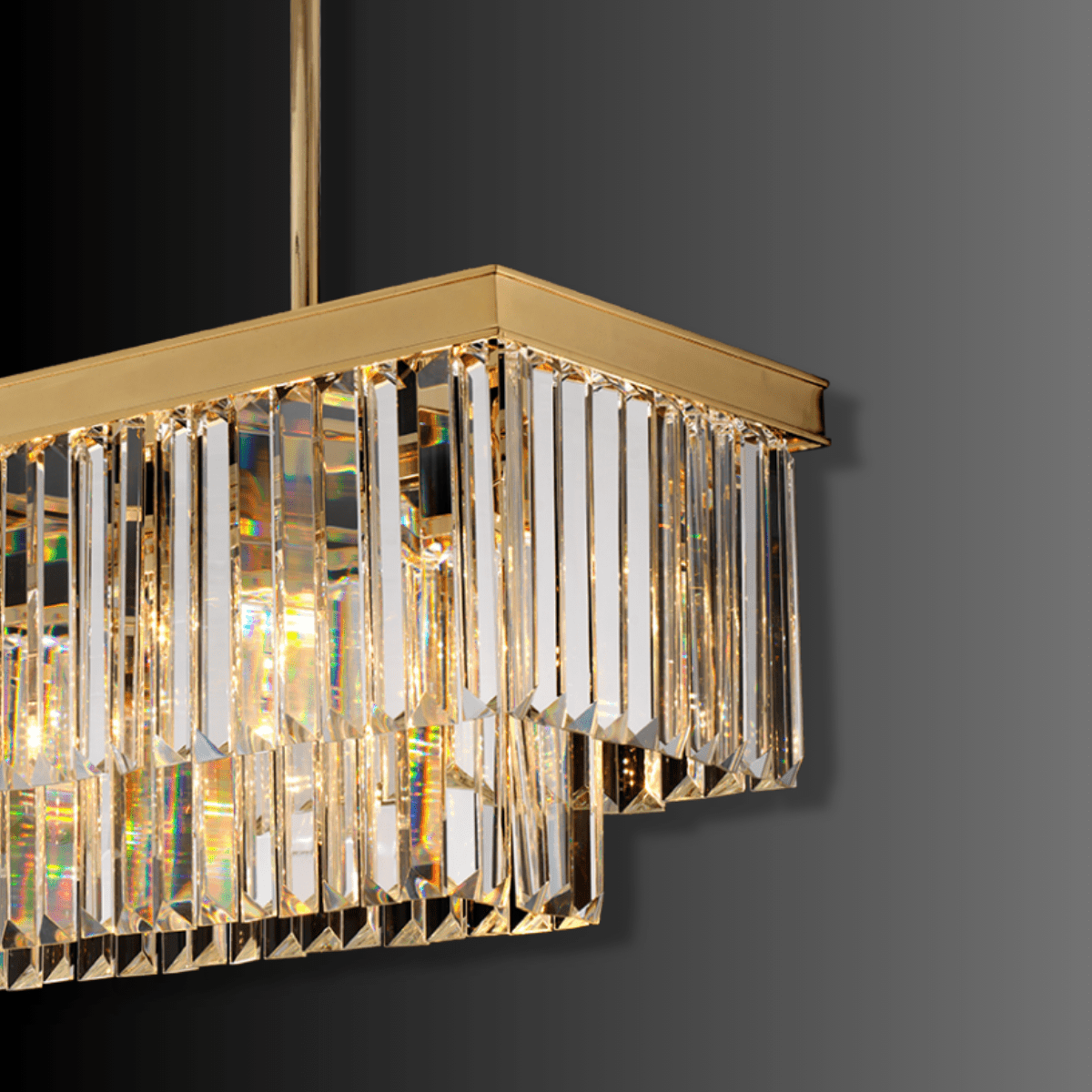 Close-up of Vendôme Prestige crystal chandelier showing precision-cut crystal prisms and gold-plated frame