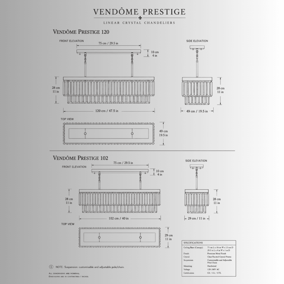 CAD specification drawing of Vendôme Prestige 120 cm and 102 cm linear crystal chandeliers with dimensions.