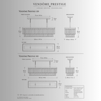 CAD specification drawing of Vendôme Prestige 120 cm and 102 cm linear crystal chandeliers with dimensions.