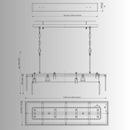 CAD drawing of the Vendôme Prestige linear (102cm) chandelier showing full dimensions and crystal layout for kitchen island installations.