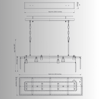 CAD drawing of the Vendôme Prestige linear (102cm) chandelier showing full dimensions and crystal layout for kitchen island installations.