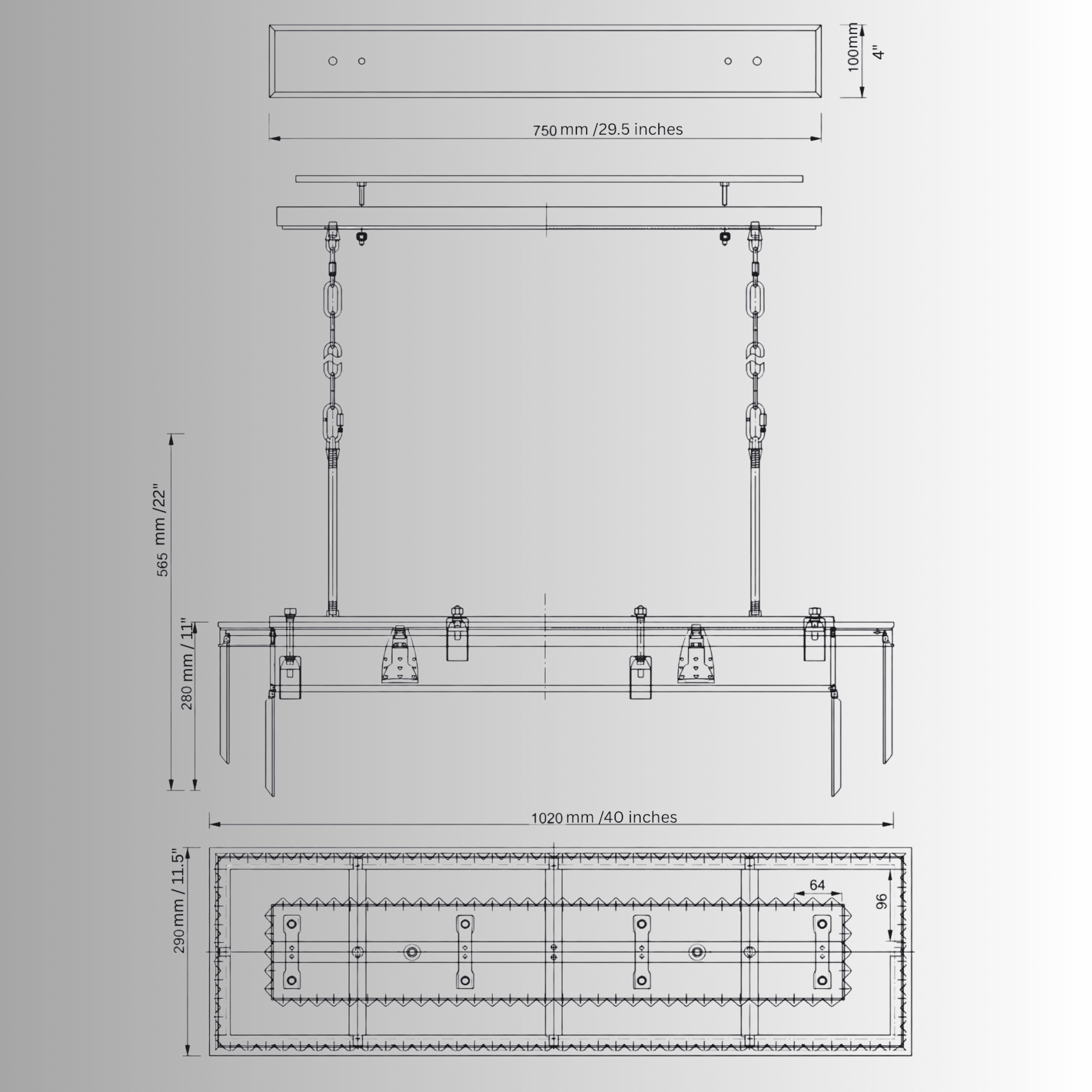 CAD drawing of the Vendôme Prestige linear (102cm) chandelier showing full dimensions and crystal layout for kitchen island installations.