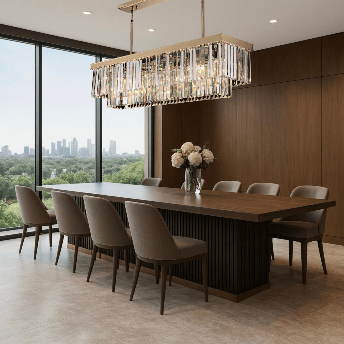 Vendôme Prestige linear crystal chandelier in an elegant dining room, providing warm illumination and refined 18K gold luxury design presence.