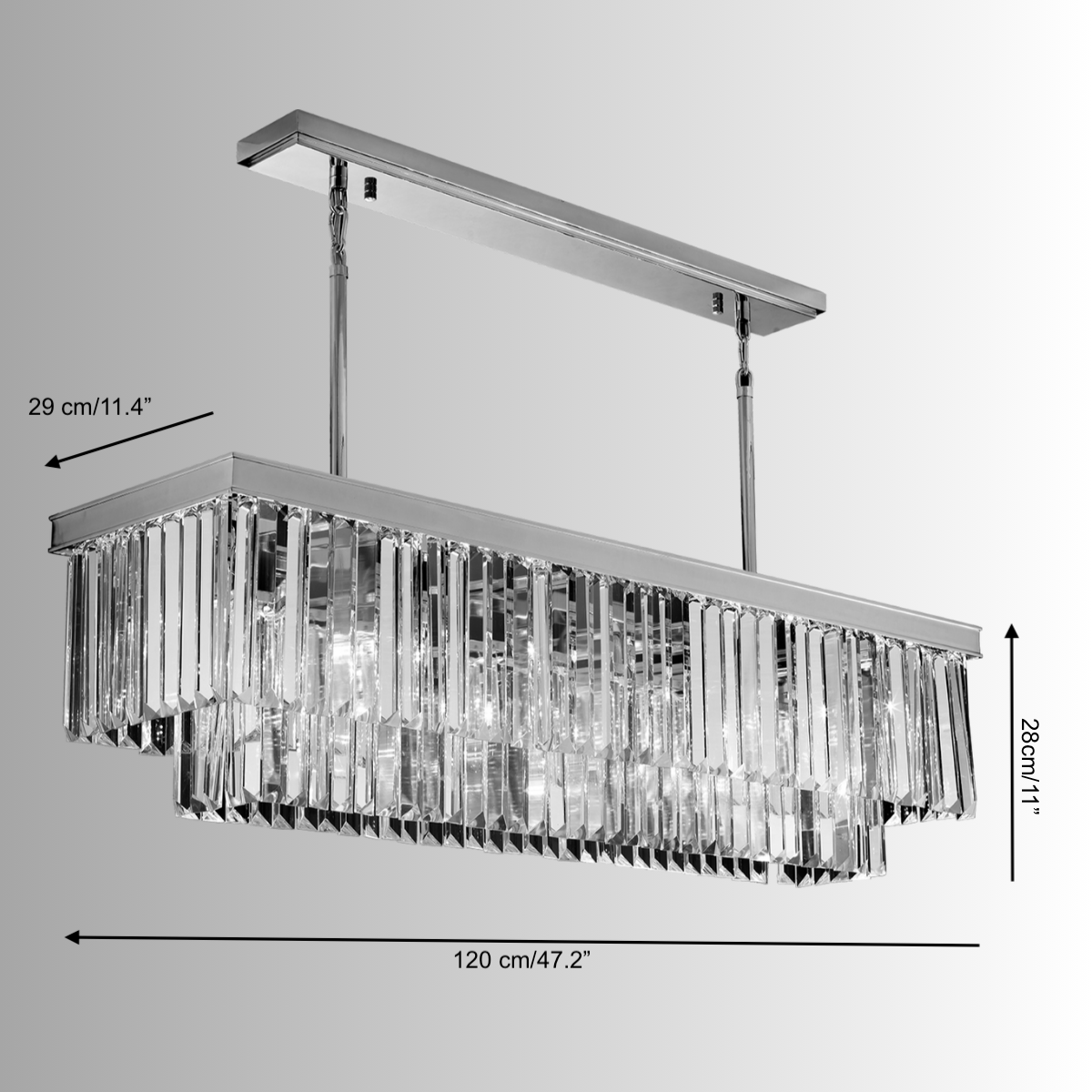 Angled technical diagram of the Vendôme Prestige chandelier detailing size, proportions, and suspension for precise installation planning.