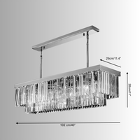 Technical drawing of the Vendôme Prestige linear chandelier showing full dimensions and crystal layout for kitchen island installations.