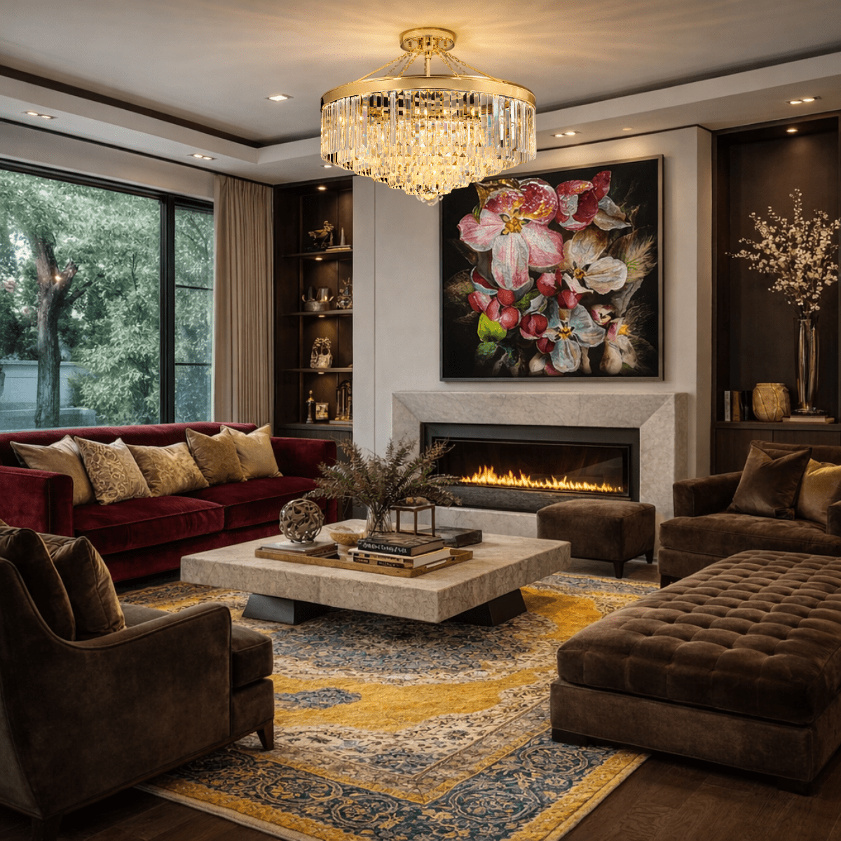 Vendome Royale 18K gold crystal chandelier in a modern luxury interior living space.