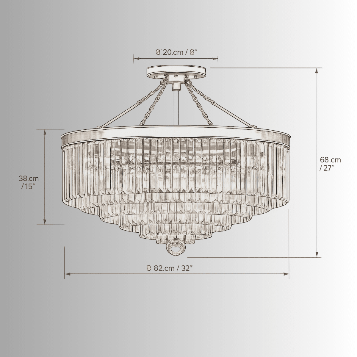 CAD drawing of front view of the Vendôme Royale crystal chandelier with metric and imperial measurements.
