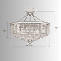 CAD drawing of front view of the Vendôme Royale crystal chandelier with metric and imperial measurements.