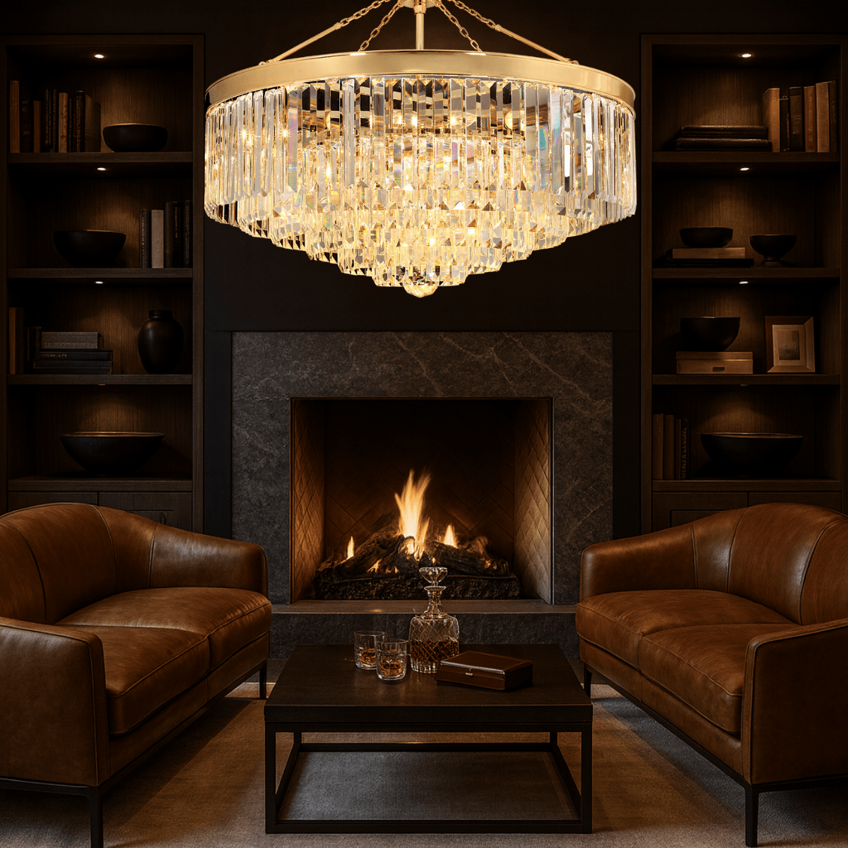 Vendome Royale crystal chandelier styled in a luxury living room with warm ambient lighting.