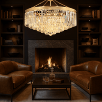 Vendome Royale crystal chandelier styled in a luxury living room with warm ambient lighting.