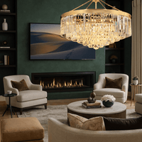 Vendome Royale 18K gold crystal chandelier in a modern luxury interior living space.