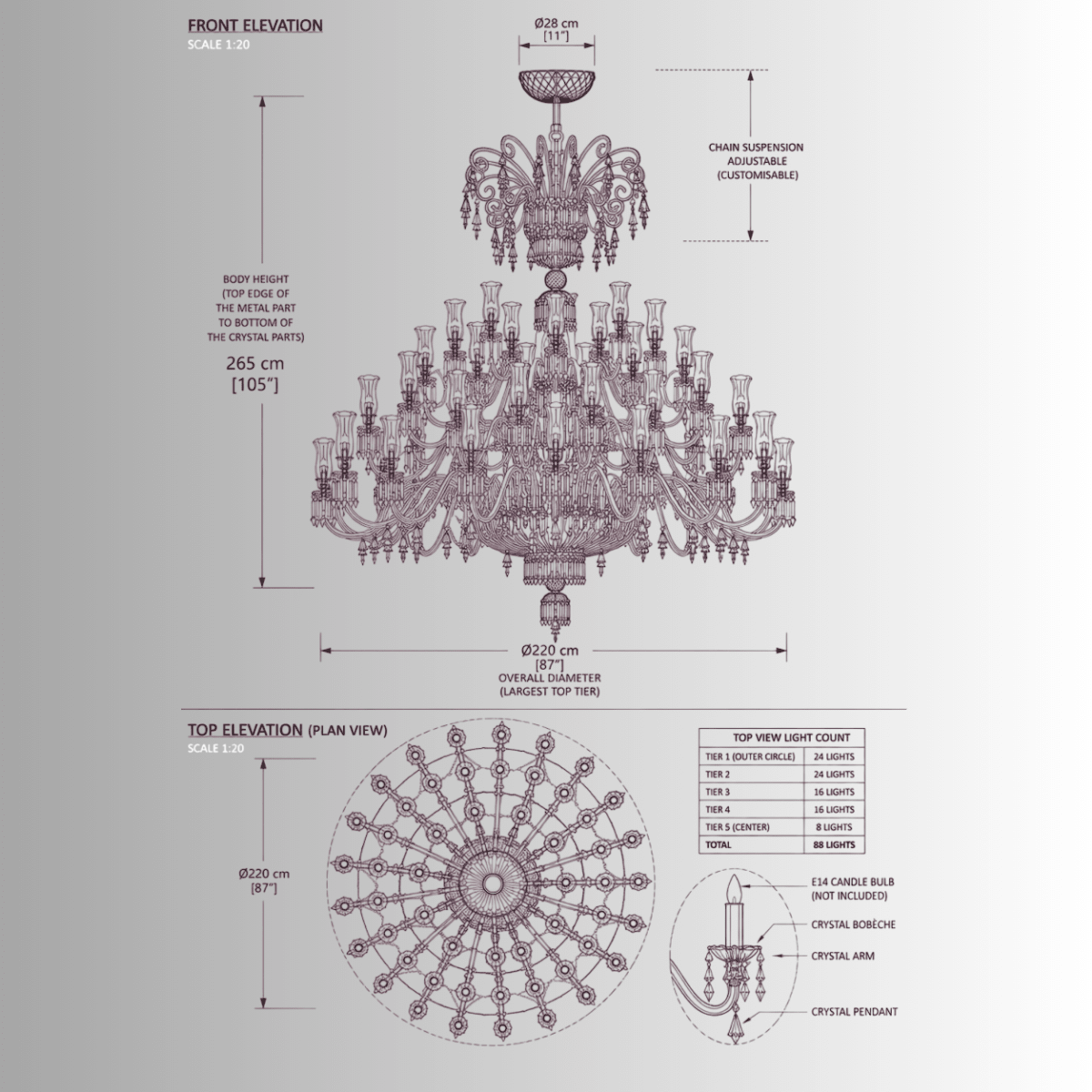 CAD drawing of Versailles Le Bleu grand crystal chandelier dimensions 220 cm diameter for and atrium installation.