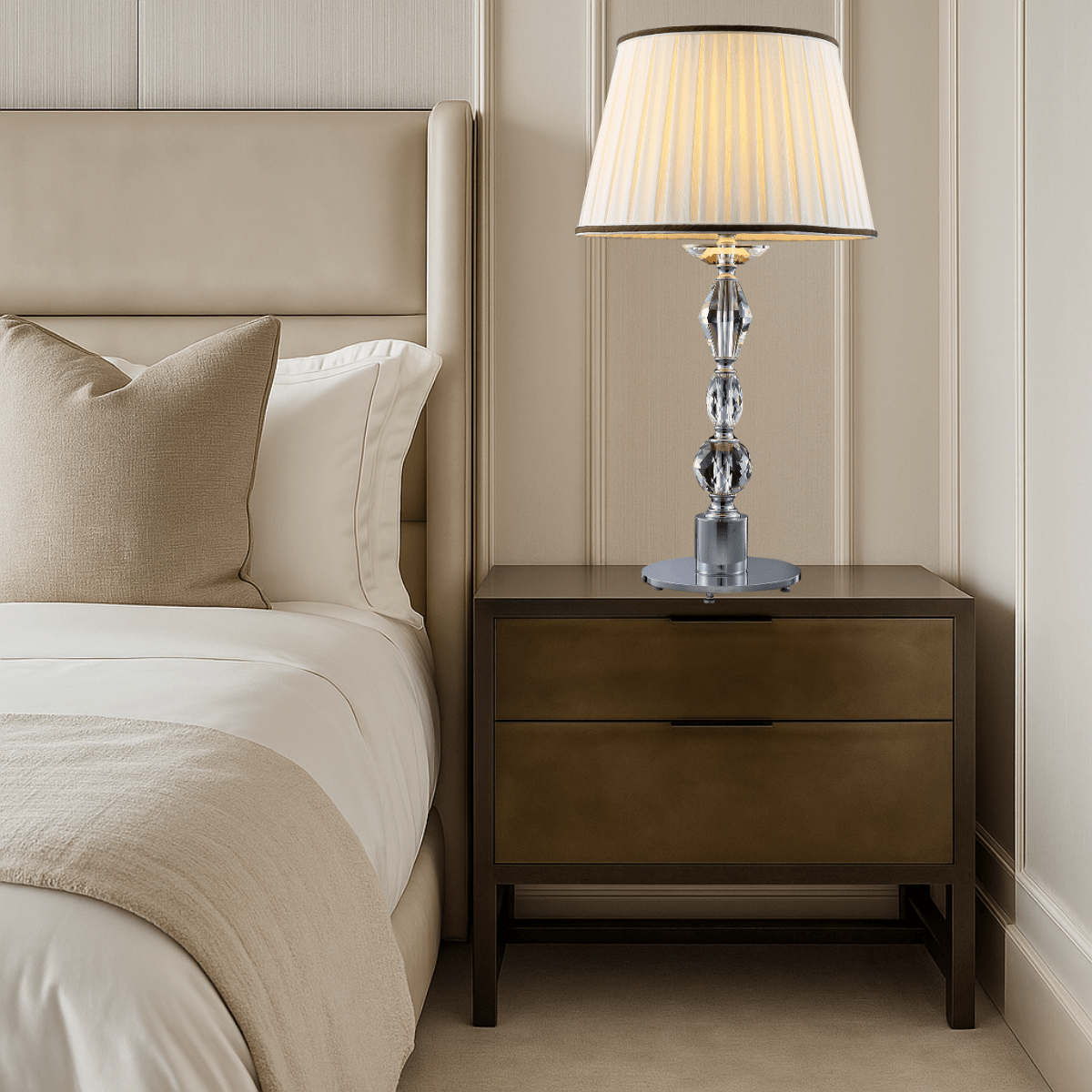 Luxury bedside crystal table lamp styled in an elegant bedroom interior for high-end homes
