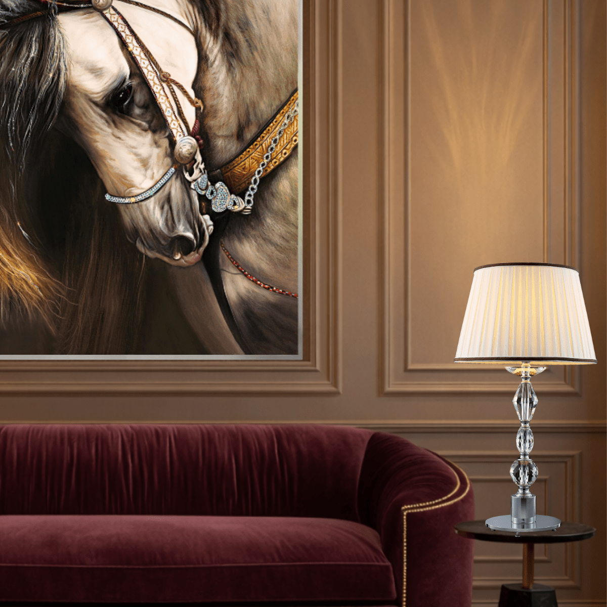 Statement crystal table lamp illuminating a luxury living room designed for refined interiors