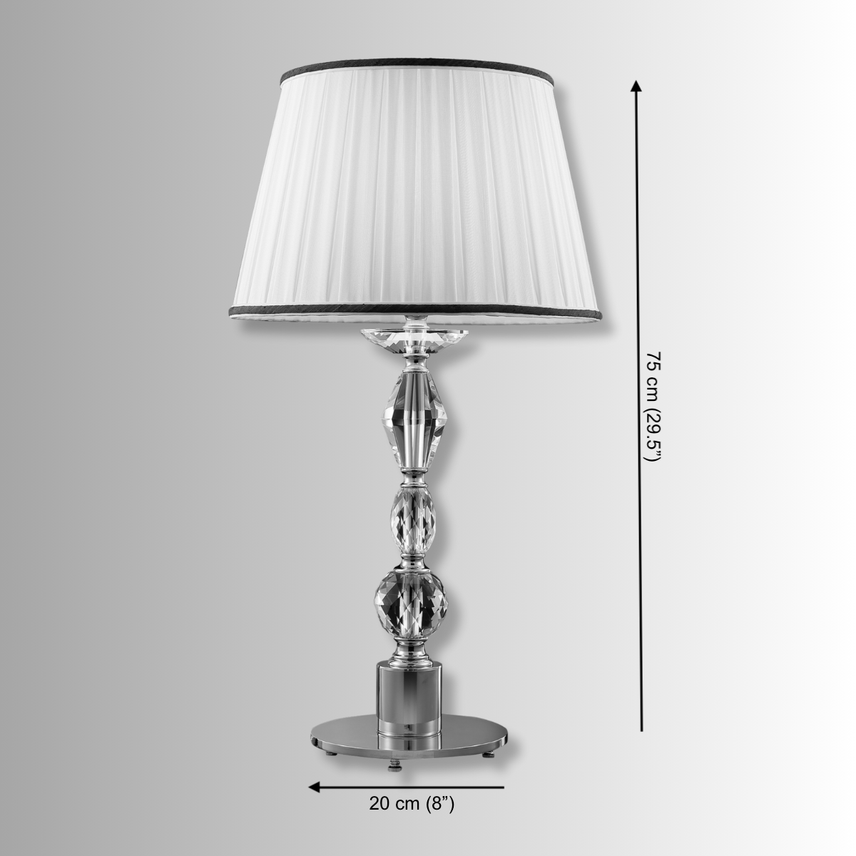 Luxury crystal table lamp dimensions showing 75cm(29.5") height and 20cm(8") base diameter