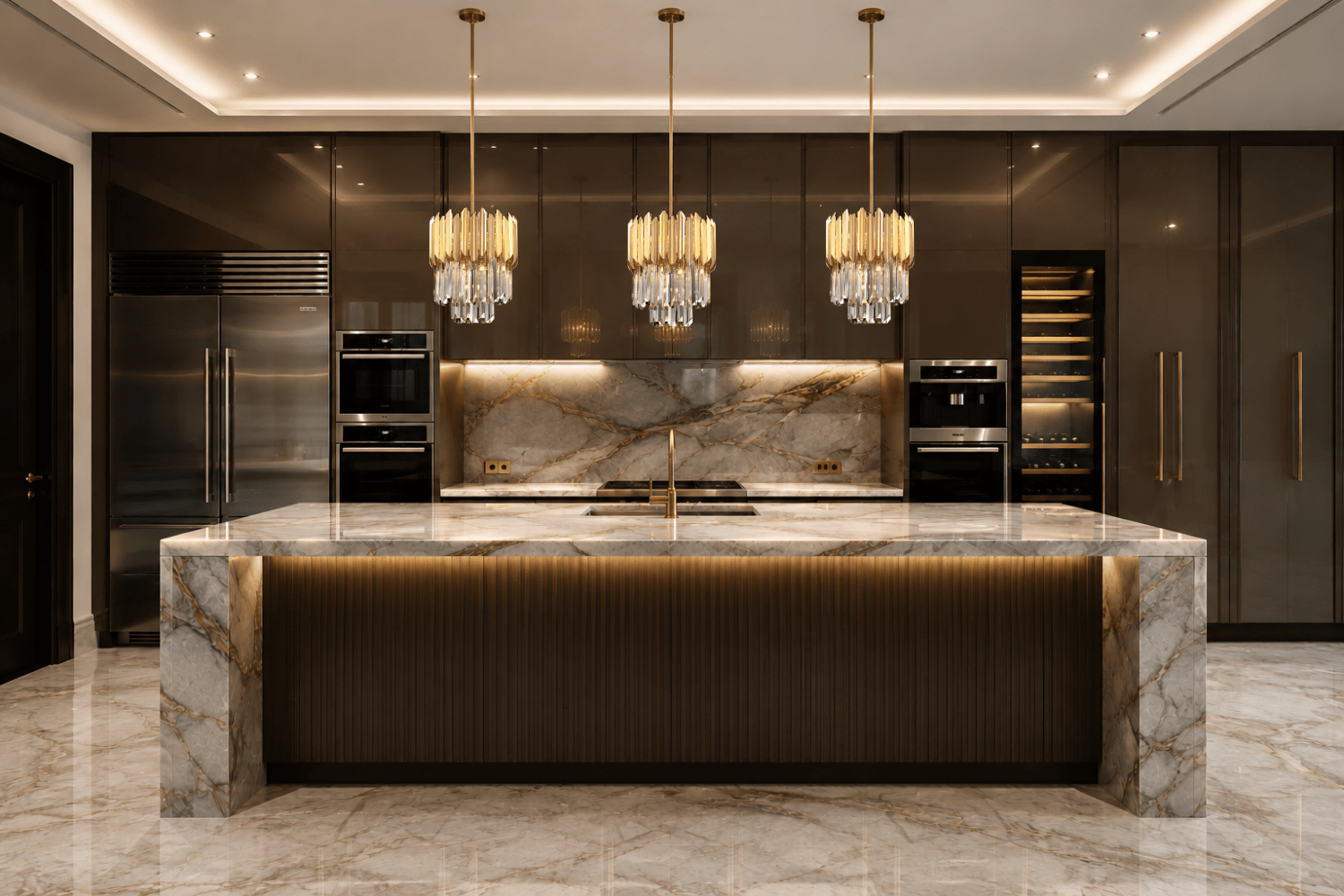 Zarrin Aurelis luxury crystal pendant lights above marble kitchen island in modern Geneva residence, Switzerland