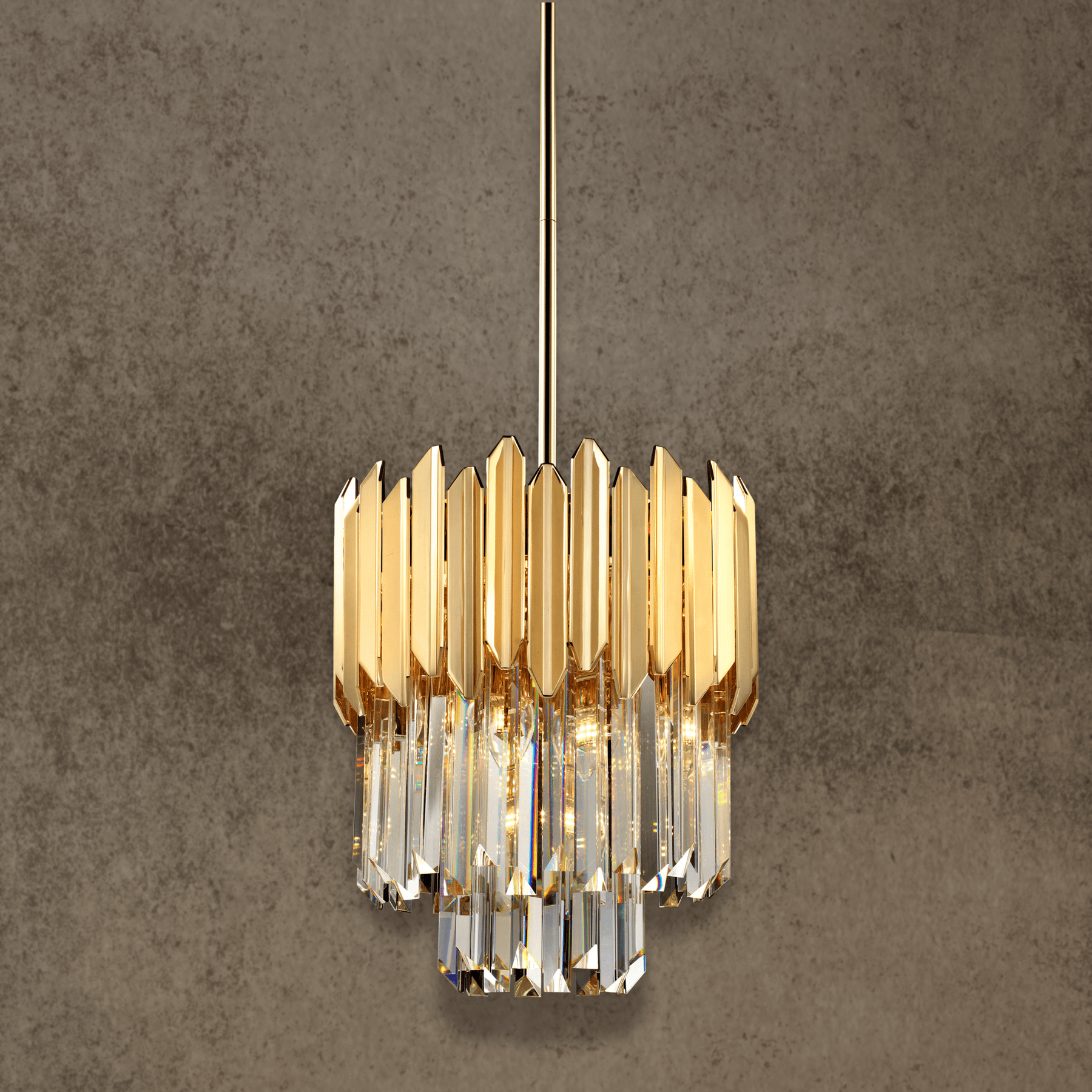 Zarrin Aurelis pendant chandelier crafted from 24K gold plated stainless steel and A+ grade lead-free crystal for refined contemporary interiors