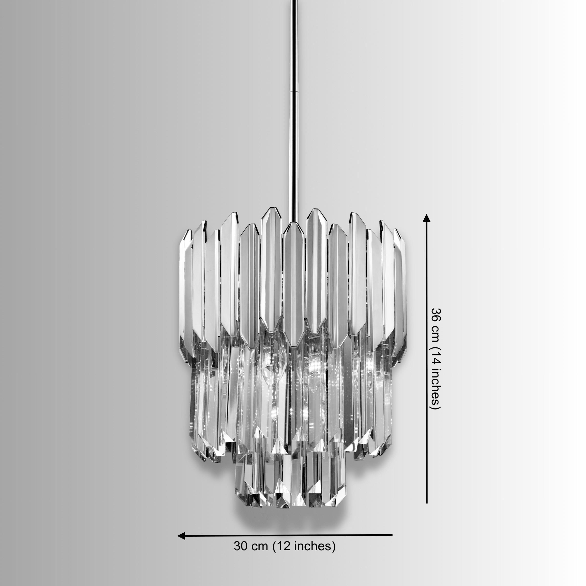 Crystal pendant lighting dimensions showing 30 cm diameter and 36 cm height for kitchen island planning.