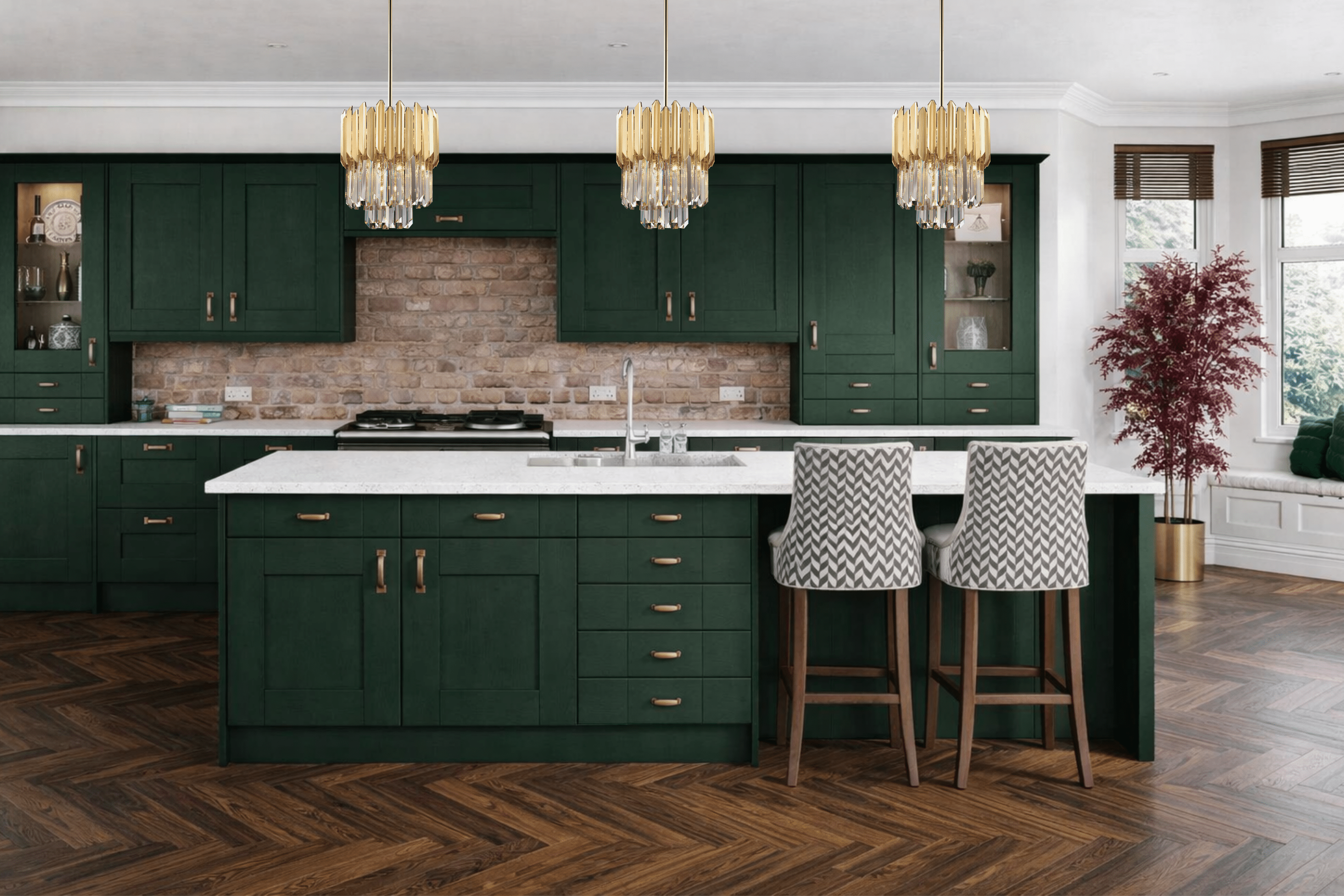 Three luxury crystal pendants installed over kitchen island showing ideal spacing and balanced lighting design.