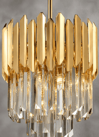 Zarrin Aurelis 24K gold crystal pendant light close-up with precision-cut A+ crystals and luxury architectural finish