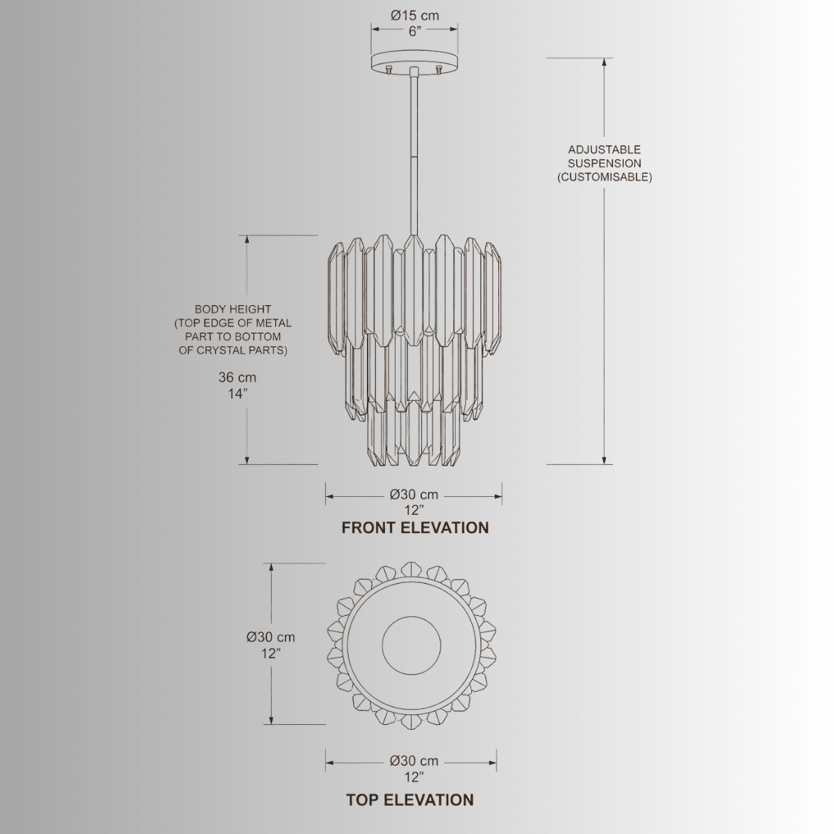 Zarrin Aurelis luxury crystal pendant CAD drawing with front and top elevation, 30cm dimensions and adjustable suspension