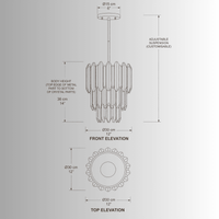 Zarrin Aurelis luxury crystal pendant CAD drawing with front and top elevation, 30cm dimensions and adjustable suspension