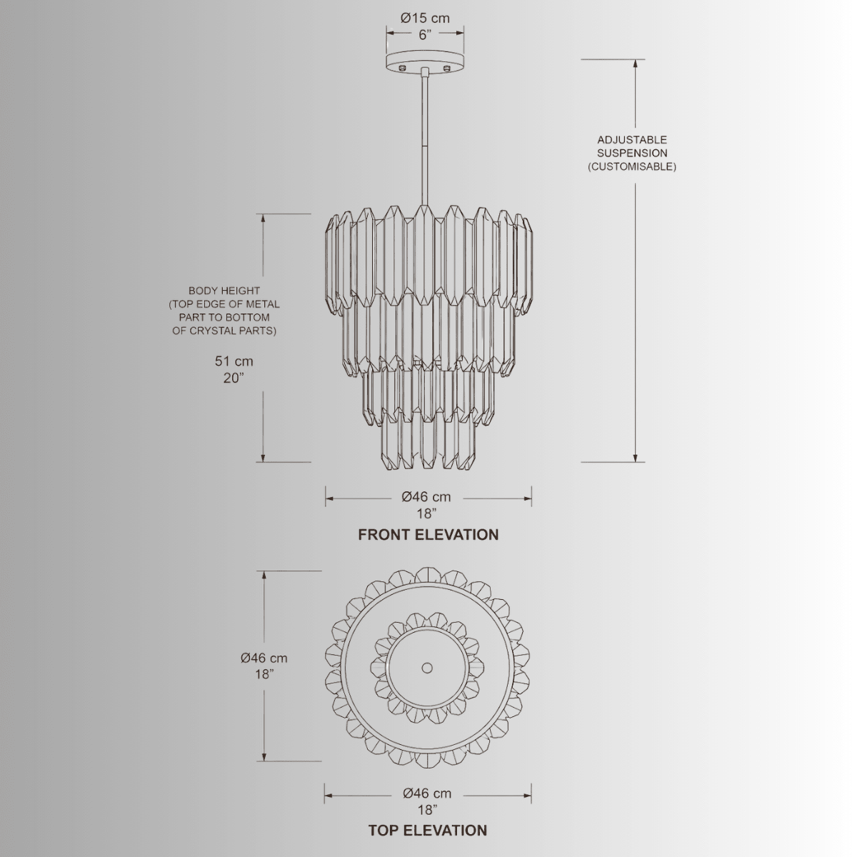 CAD drawing of Zarrin Calyrex 24K gold crystal pendant light with front elevation, top view and dimensions